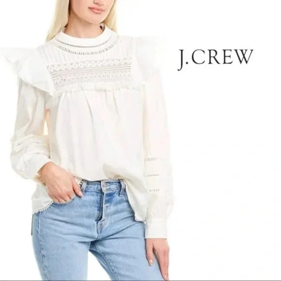 NWT J. Crew Ivory/White Crocheted Lace Ruffle Top.  SZ XS - Picture 3 of 6
